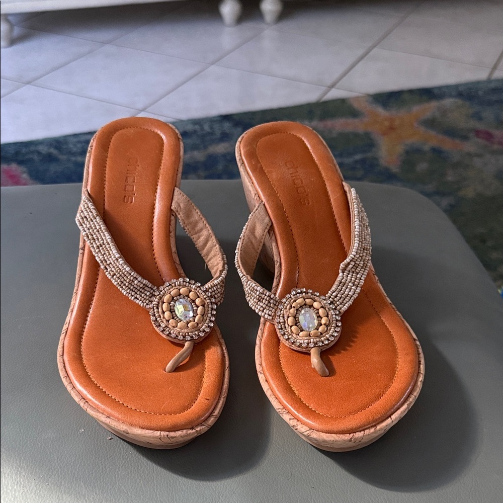 Chico’s Women's Tan Beaded Thong Sandals